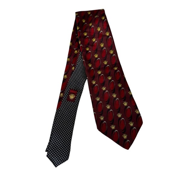 Gianni Versace Red Silk Tie With Gold Medusa & Black Pattern - Picture 3 of 4